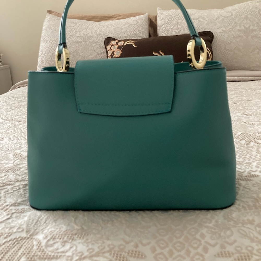 Vera Pelle Turquoise Satchel with Gold Accents - Picture 7 of 9